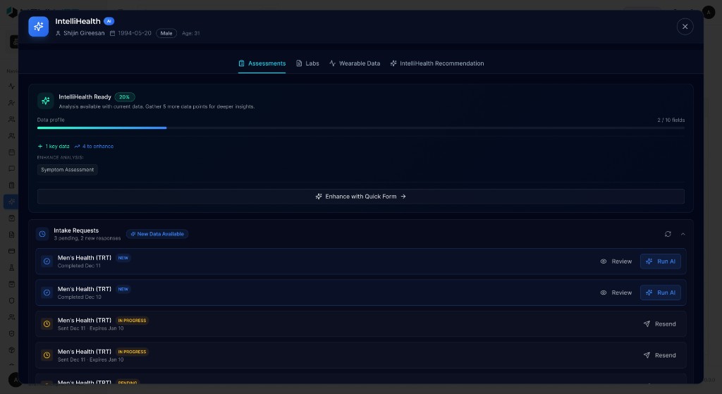 Patient assessments and intake requests with AI analysis