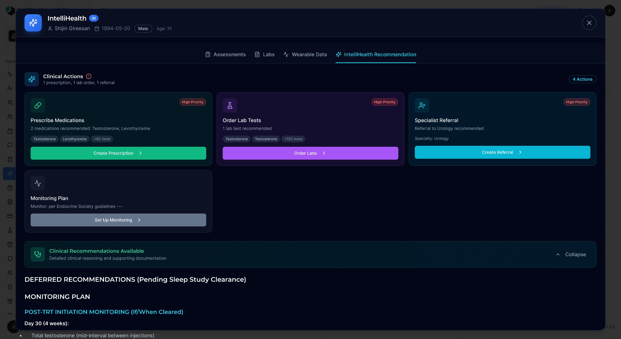 IntelliHealth AI-powered clinical recommendations — prescriptions, lab orders, and referrals
